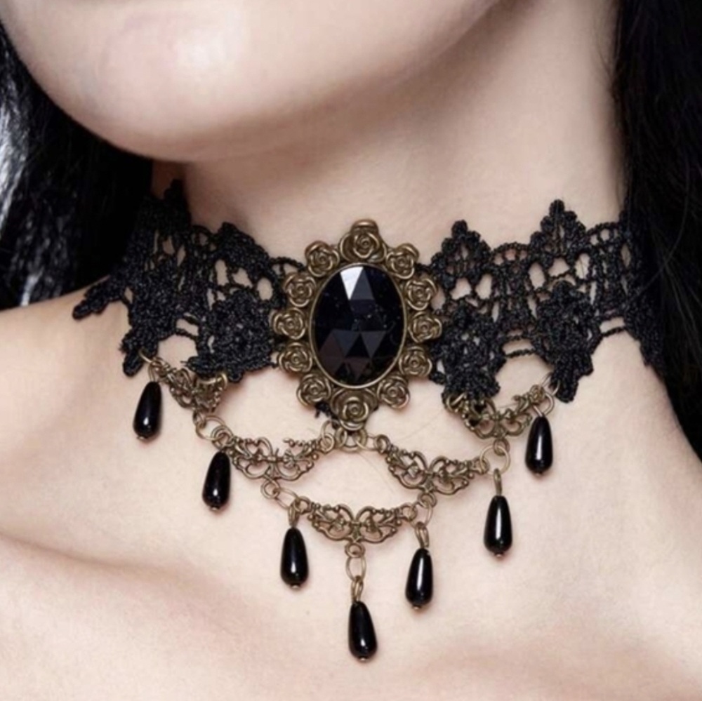NEW Dolls Kill Lilith Black Gothic Romance Lace Choker Necklace w/ Beads